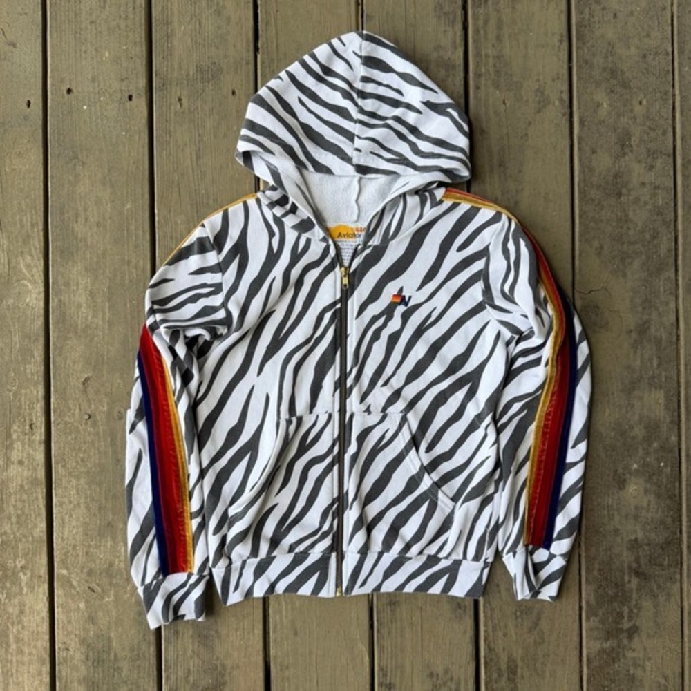 Aviator Nation Zebra Print Rainbow Velvet Stripe Zip Up Hoodie Size 14